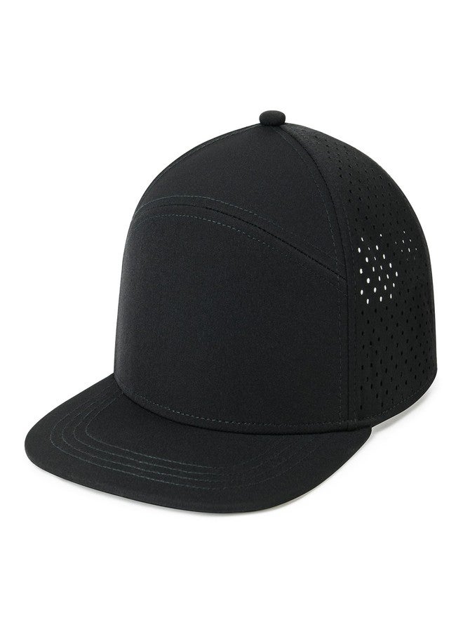 FEINION Men Flat Brim Adjustable Performance Hat Snapback Laser Perforated Baseball Cap (Black) - Image 2